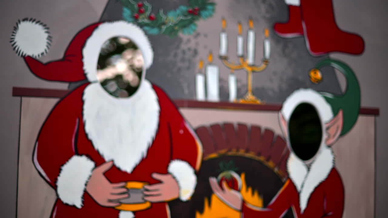 Tabellone natalizio festivo con Babbo Natale e un elfo con fori per il viso
