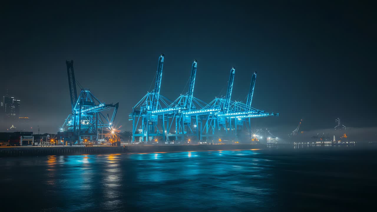Glowing four gantry cranes casting cyan light at port quay, water shifting reflections for work