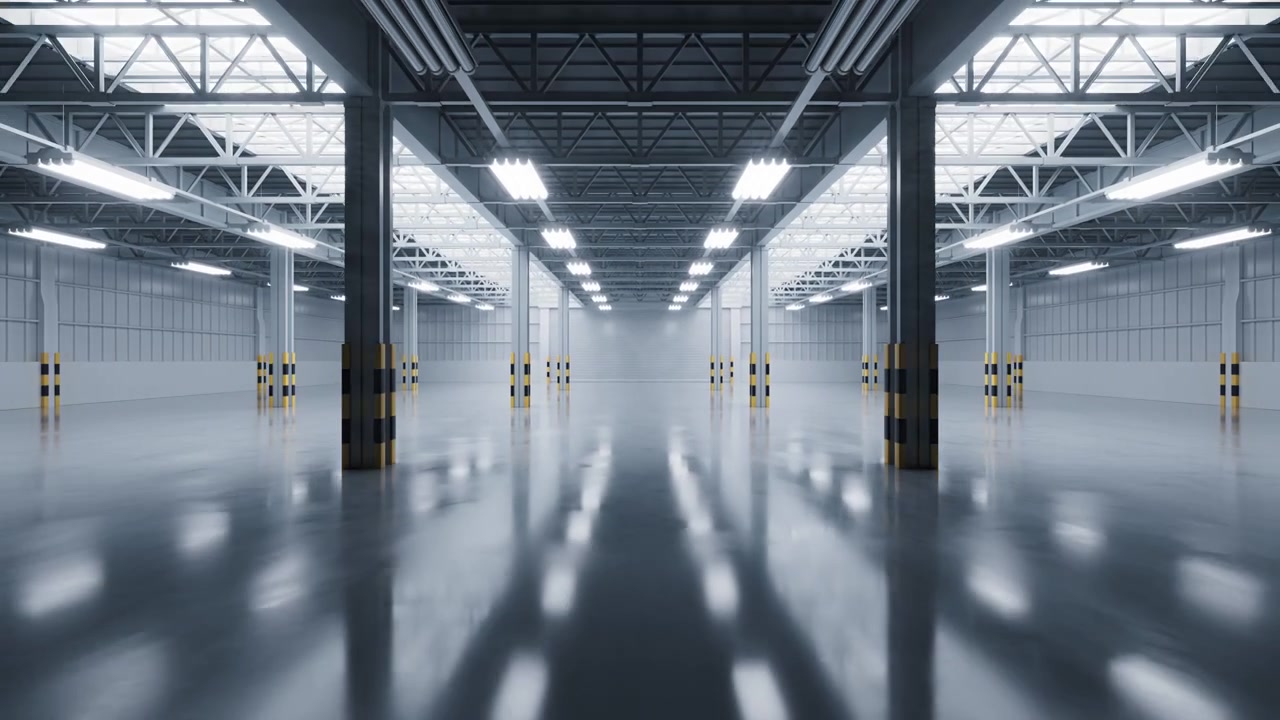 Turn on lights in the empty dark industrial factory, interior of warehouse, 3d rendering.