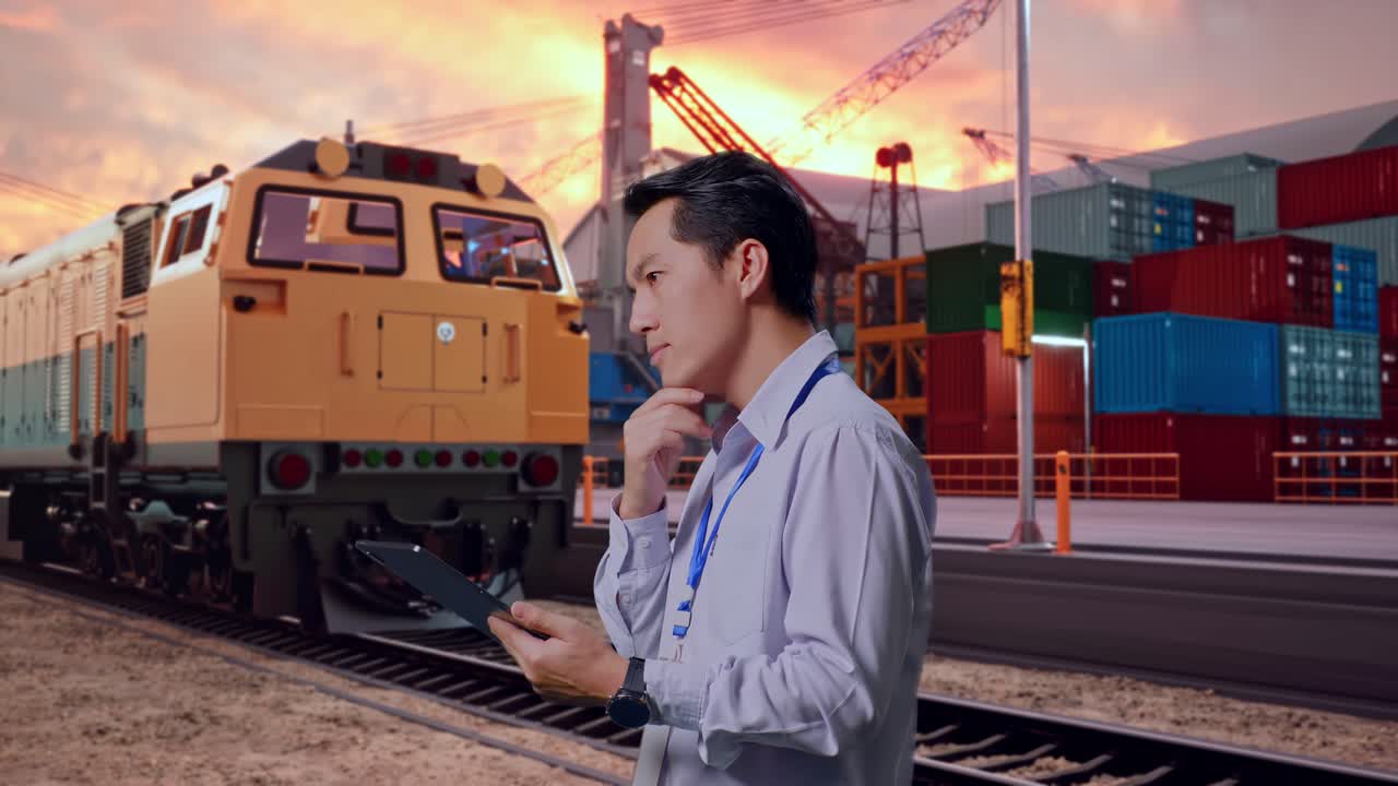 Businessman using tablet at train and port container terminal