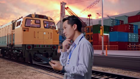 businessman using tablet at train and port container terminal