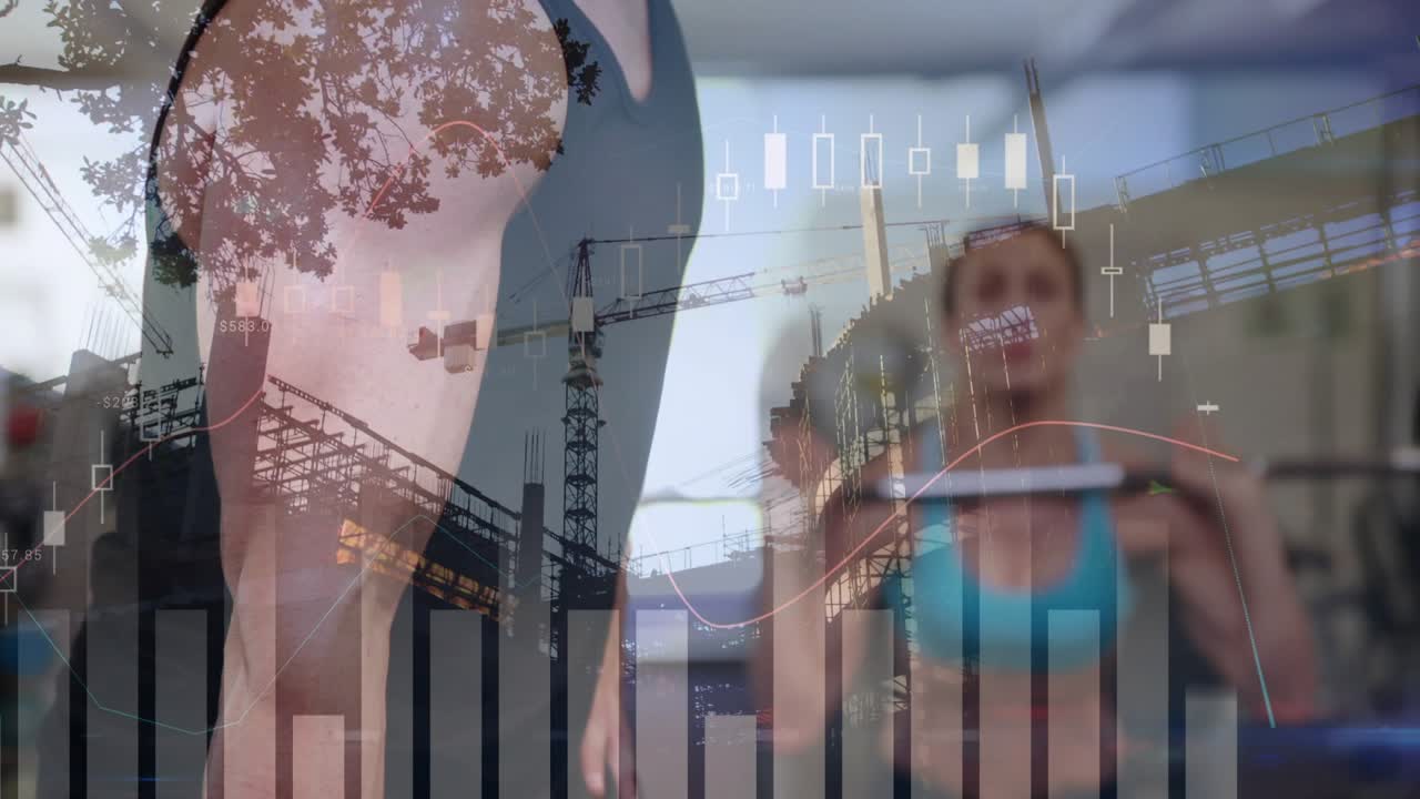 Partners curling and lifting weights, camera cutting, cranes, finance overlays building strength