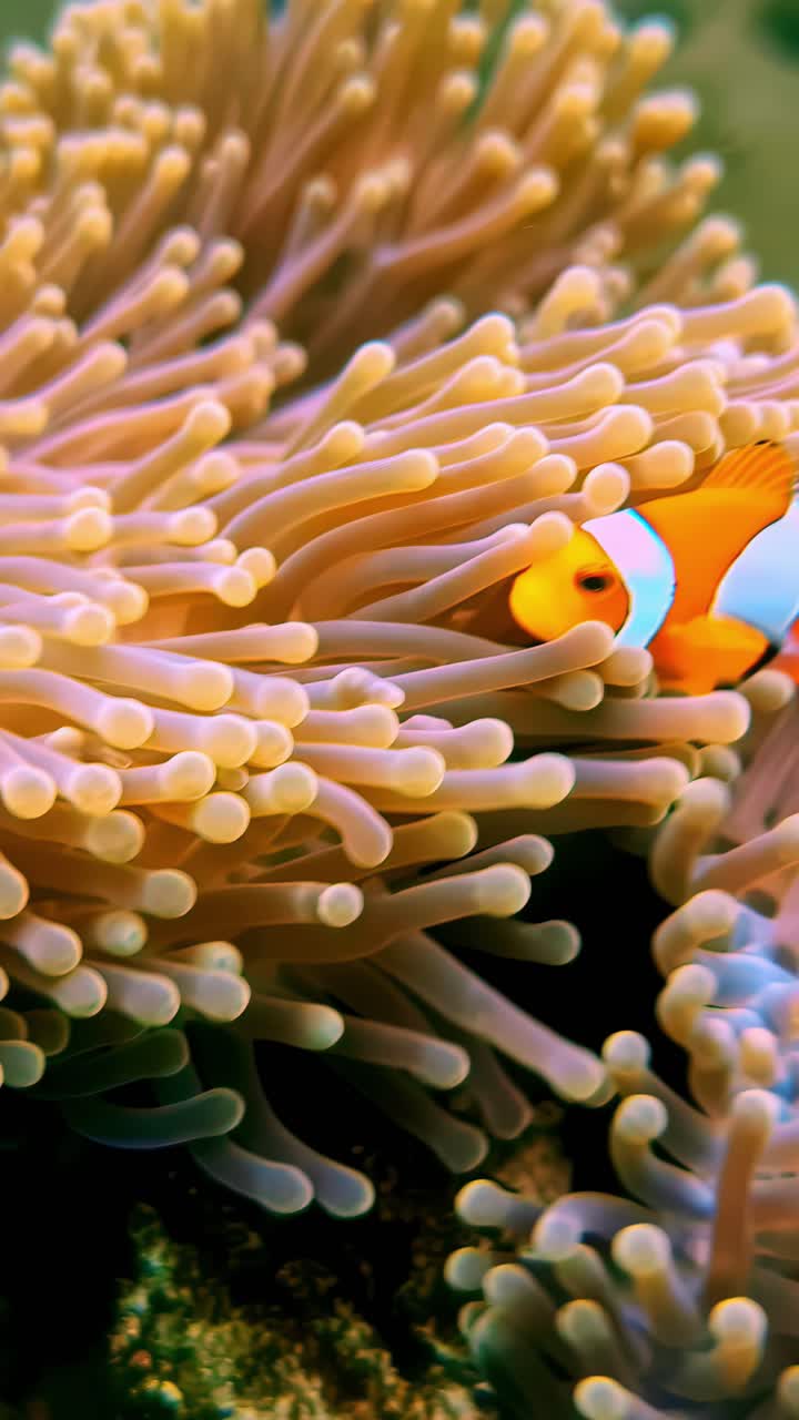 Vertical close up of Ocellaris clownfish swimming between alive coral in diving experience, deep into the sea plants
