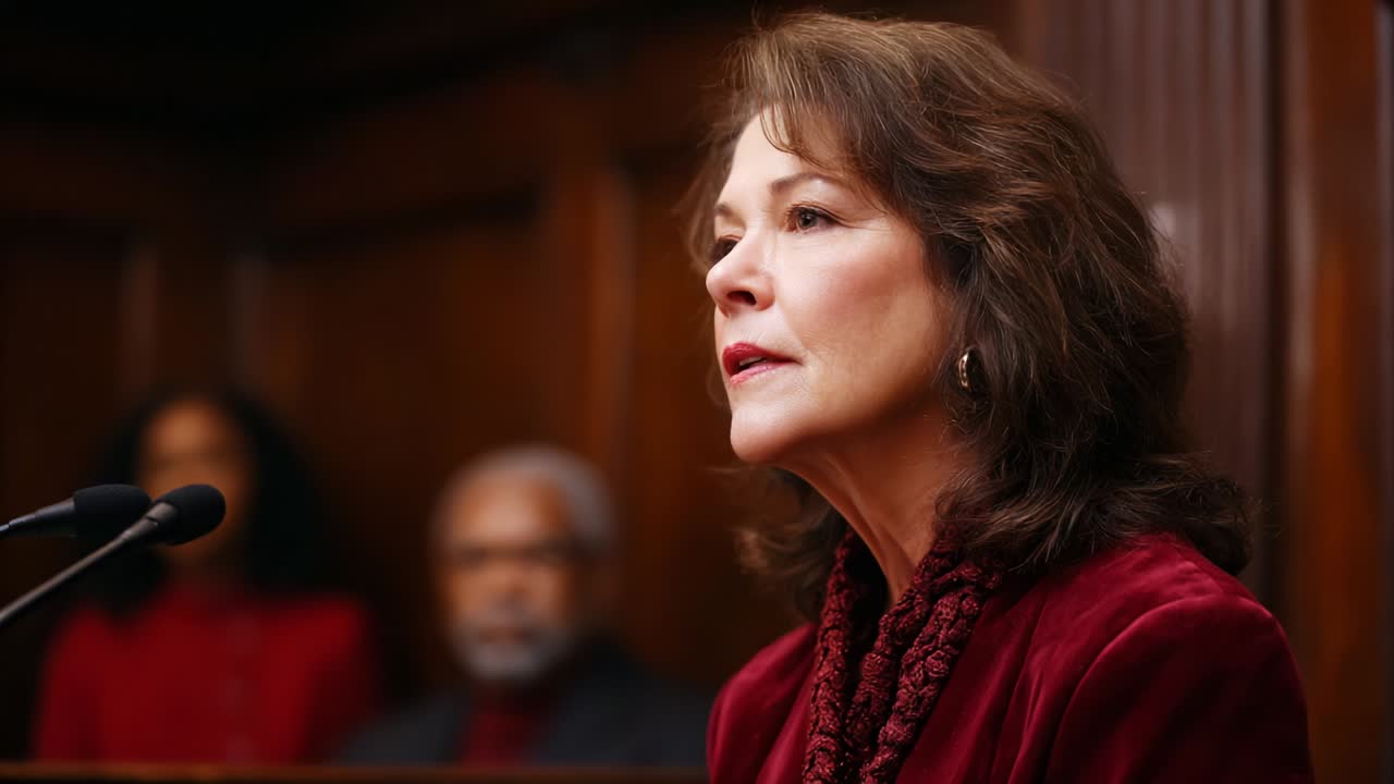 A focused and determined individual addresses an audience, presenting a thoughtful perspective on a serious matter while maintaining a poised demeanor in a formal setting, showcasing clear leadership and engagement