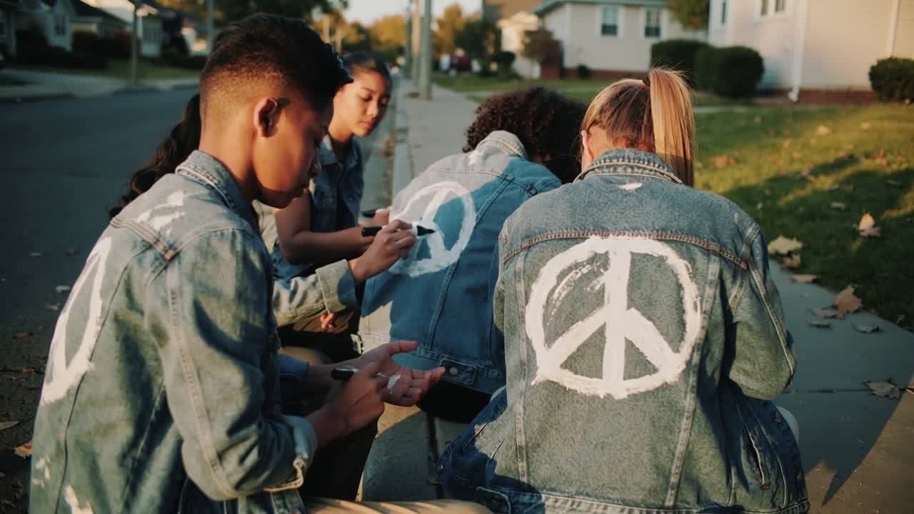 Painting four teens decorating denim jacket backs with white markers on curb, left teen starting
