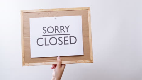 Woman's-hand-shows-the-paper-on-board-with-the-word-Welcome-OPEN-and-flips-it-to-Sorry-CLOSED-in-white-studio-background-with-copy-space