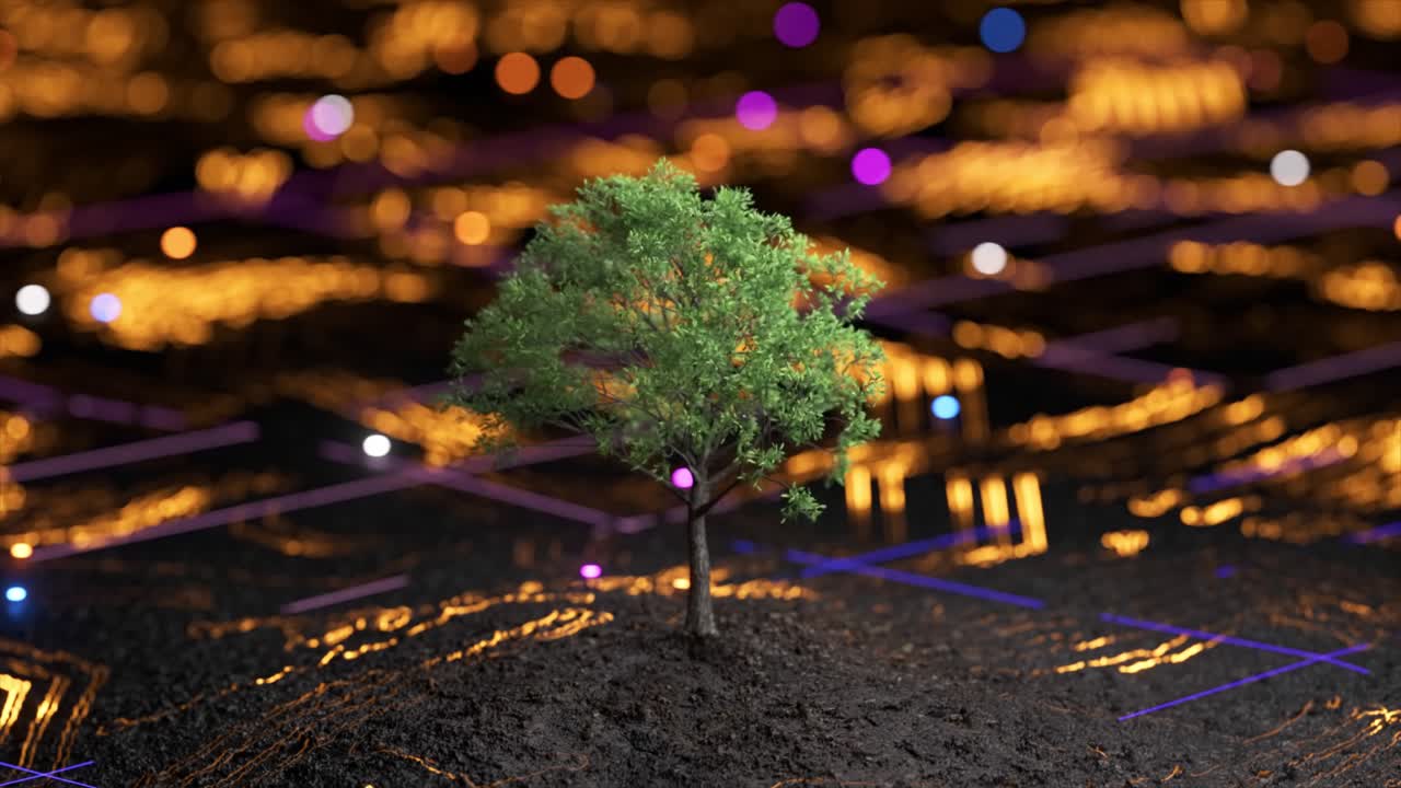 un pequeño árbol en un paisaje urbano tecnológico