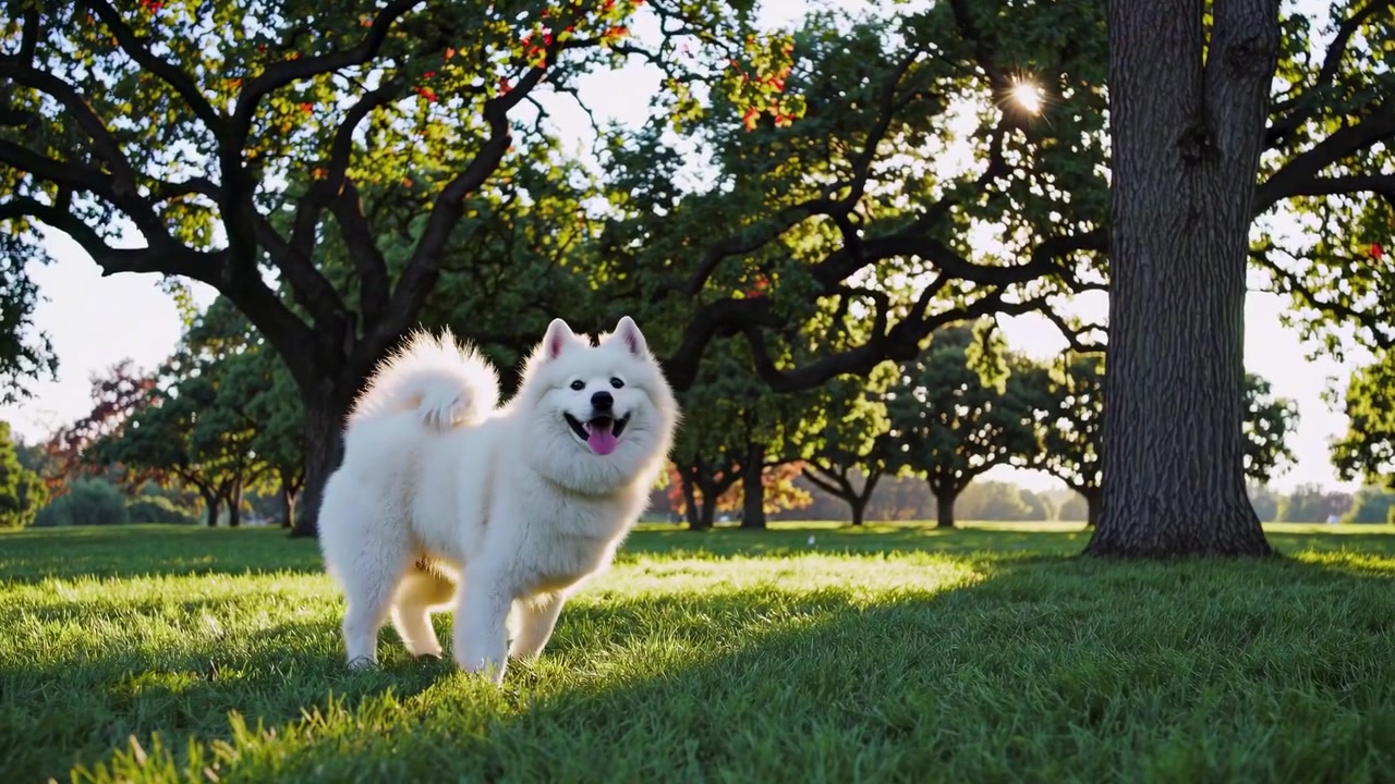 Anjing Samoyed Bahagia Berdiri dan Berjalan di Taman yang Cerah
