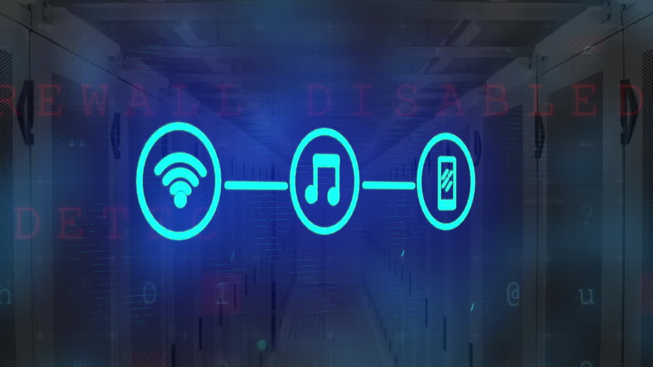 animación de la red de iconos digitales y punto de luz azul contra la habitación del servidor de computadora