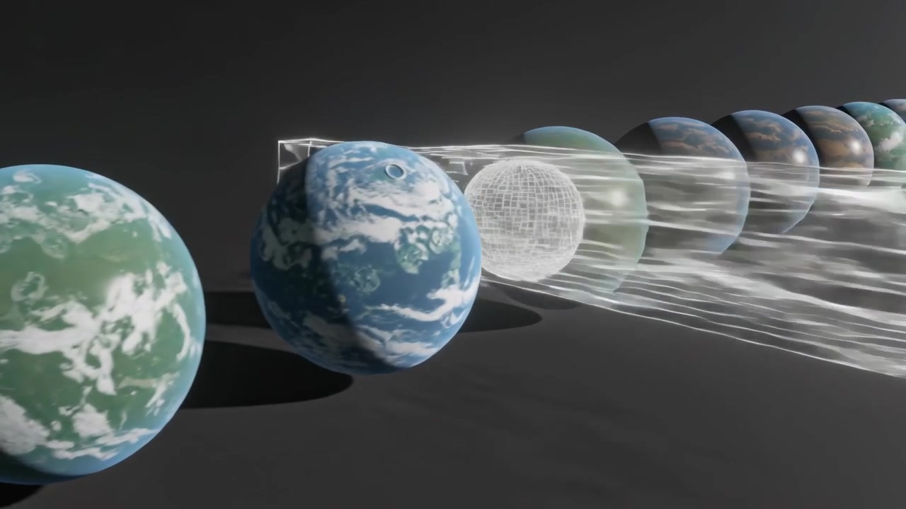 Portal appearing, bright core moving along ground plane, altering planet spheres with ribbon flow