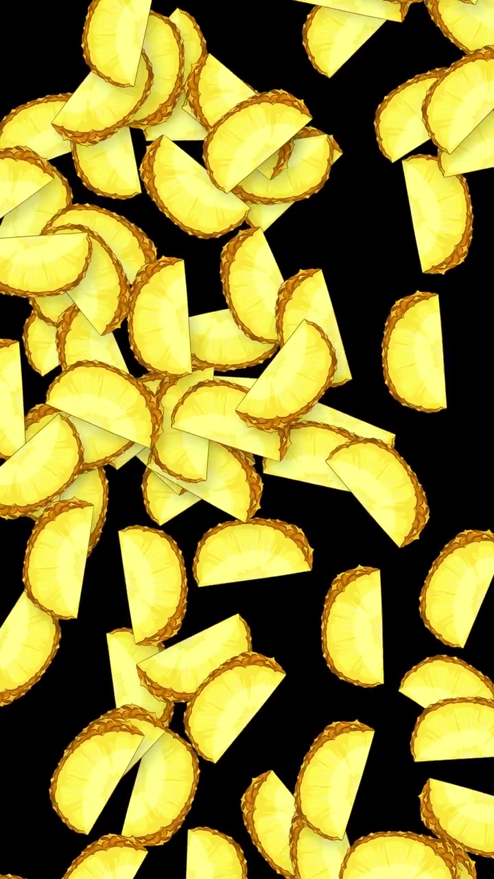 Yellow pineapple slices fall continuously through a vertical frame against a solid black background.