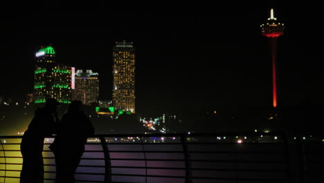 man and woman admiring the night city