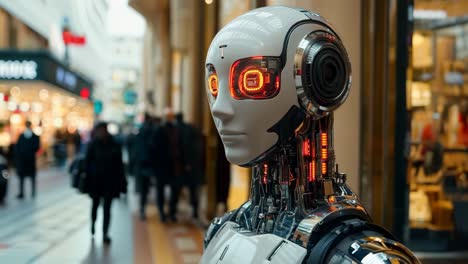 un robot está de pie en el medio de una concurrida calle de la ciudad