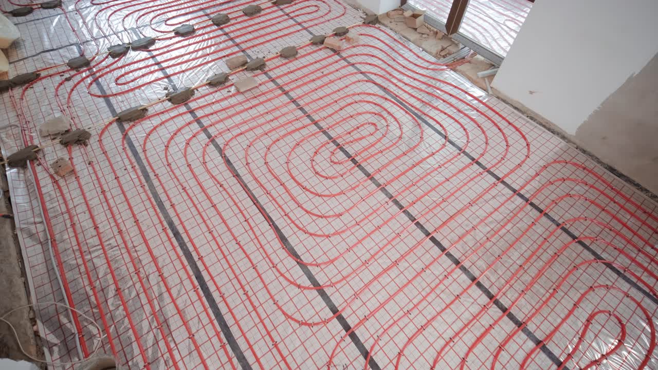 물 난방을 위한 바닥 난방 파이프 설치. 난방 시스템. 열 단열 바닥을 위한 파이프.