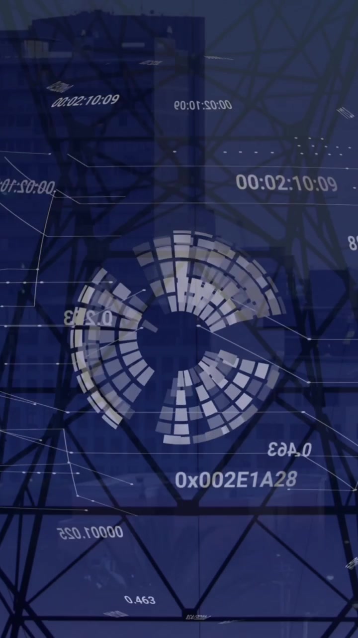 Animazione di cifre attorno a globo con traliccio elettrico contro edifici in città