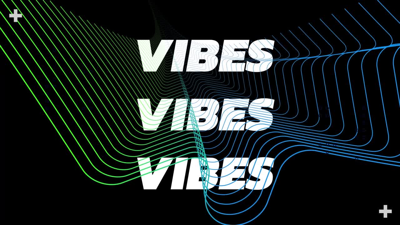 Animation of vibes text in white over colourful parallel communication lines on black background