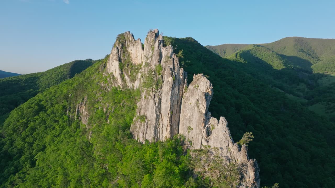 ภาพมุมสูงแบบภาพยนตร์ของ Seneca Rocks ในเวสต์เวอร์จิเนีย ที่มีหน้าผาที่สวยงามและป่าบนภูเขาที่เขียวชอุ่ม