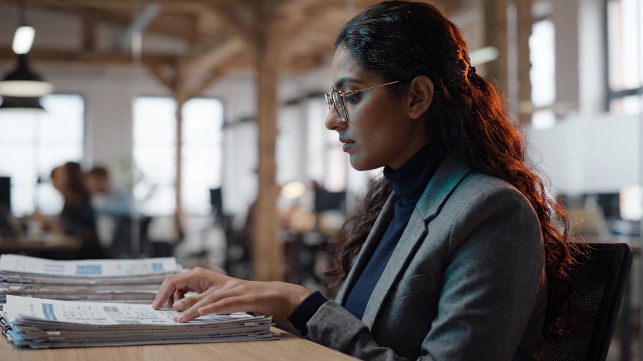 Focused Professional Analyzing Documents in a Modern Office Setting, Deep in Thought, Reflecting a Commitment to Detail and Productivity in the Workspace