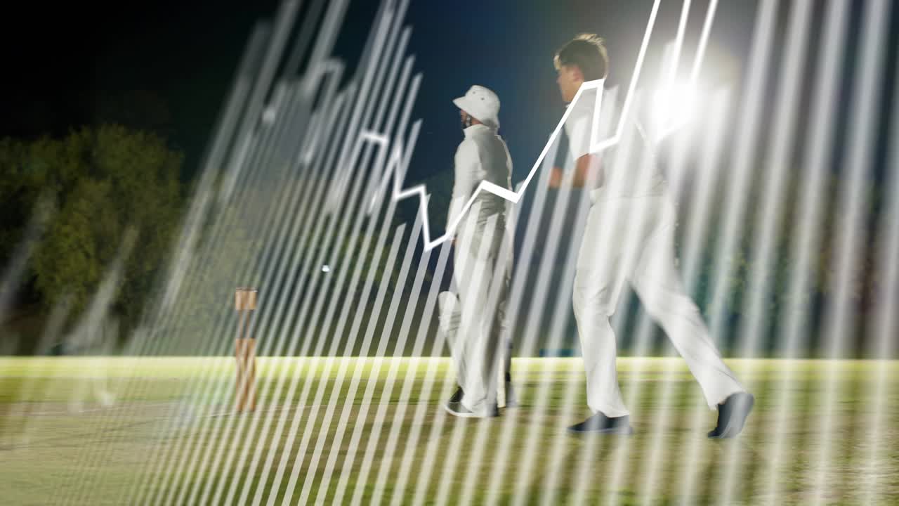 Keeper crouching signaling bowler running bowling under floodlit data line tracing path for cricket