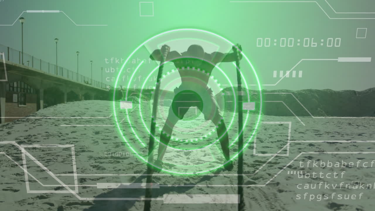 Man pulling battle ropes on sandy beach, showcasing health technology with green HUD timer graphics