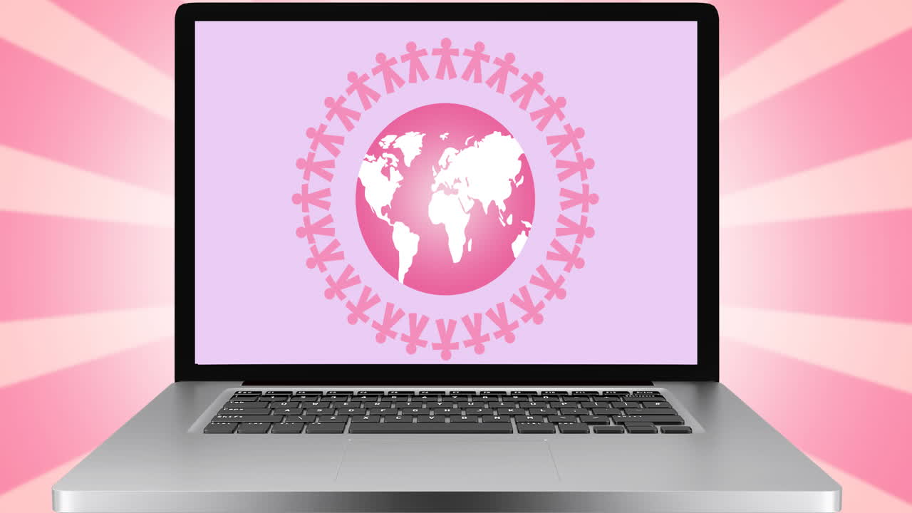 animación del logotipo del globo rosa en la pantalla del portátil