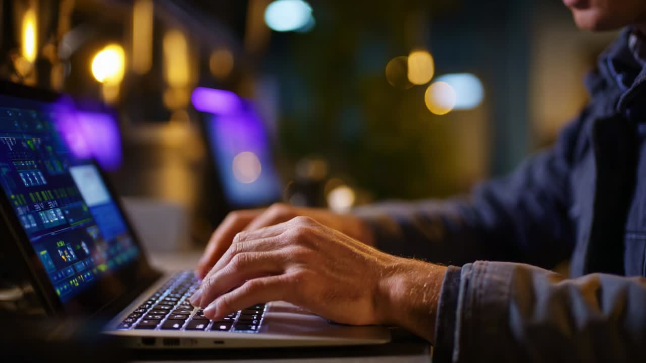 Focused Hands Typing on a Laptop in a Dimly Lit Environment, Highlighting the Interaction with Technology and the Digital Workspace Experience of a User Engaged in a Computer Task or Activity