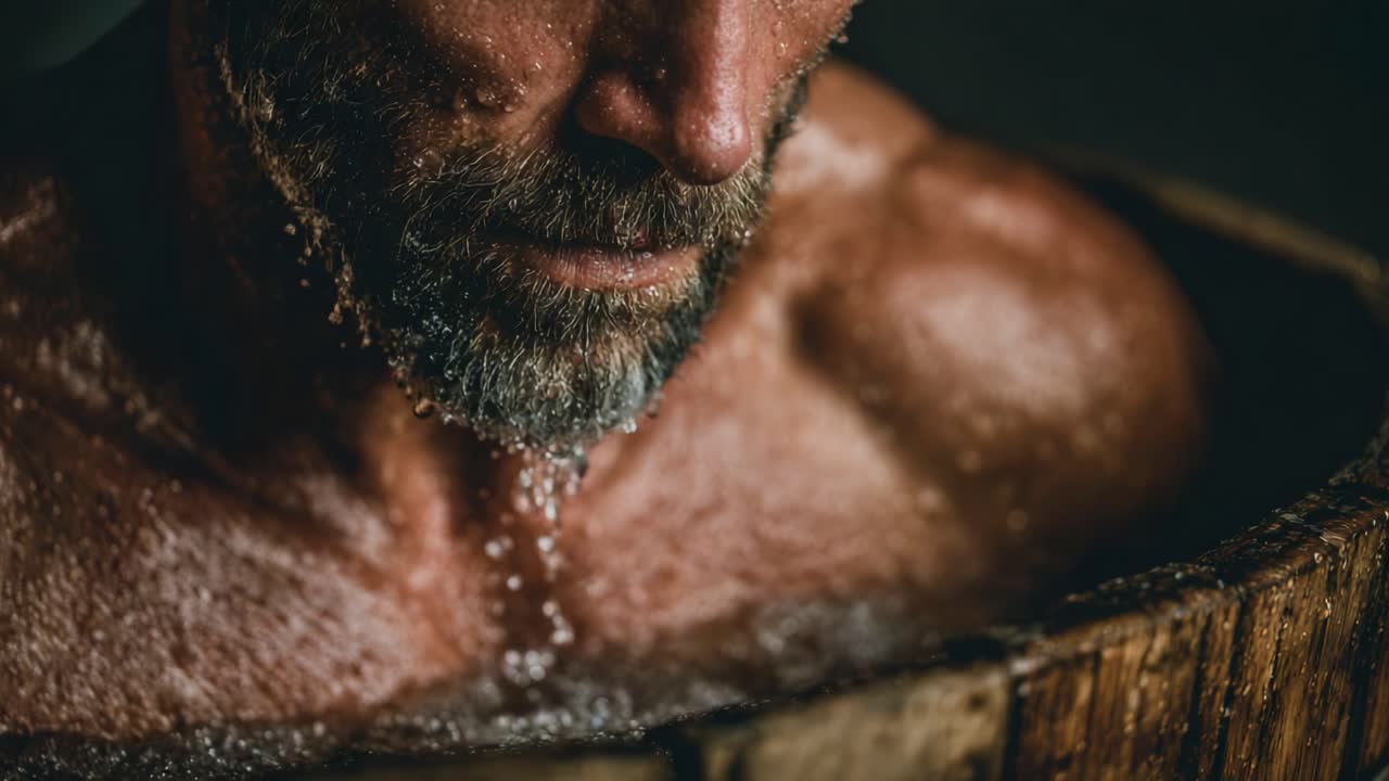 Exploring the Intensity of Human Emotion: A Close-Up Study of a Man in a Wooden Tub Surrounded by Water, Capturing the Essence of Serenity and Reflection