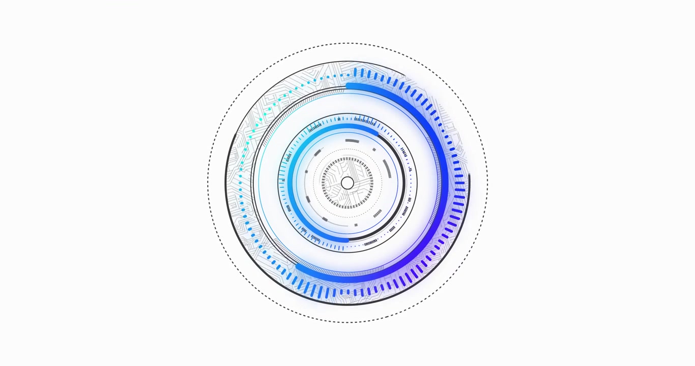 Circular HUD starting from central pulse, assembling rings, rotating ticks, pulsing to display data