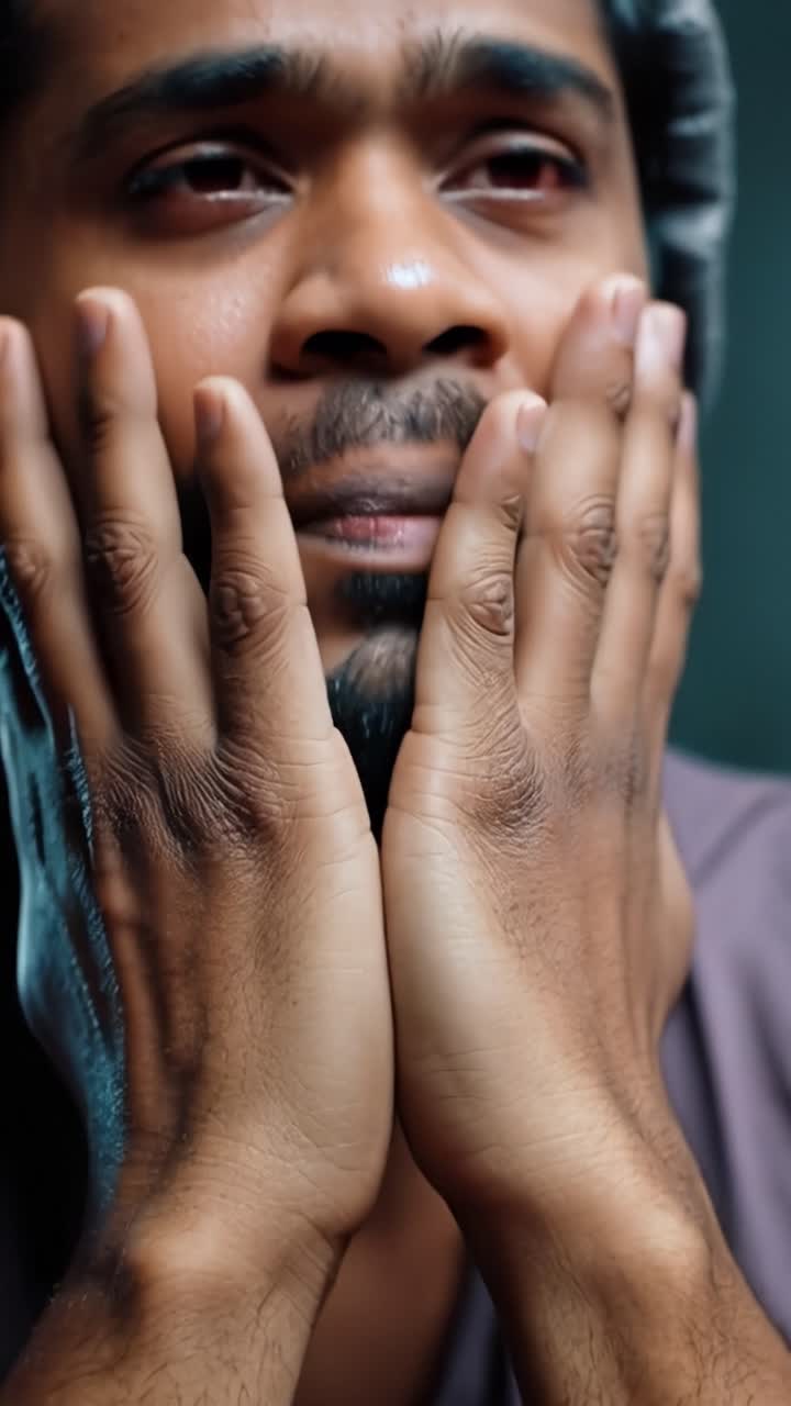 Man grips his head in distress. Fingers press against temples in visible strain. Face shows deep sorrow, fatigue, or pain. Emotion conveys emotional burden or mental strain. Ideal for themes of stress
