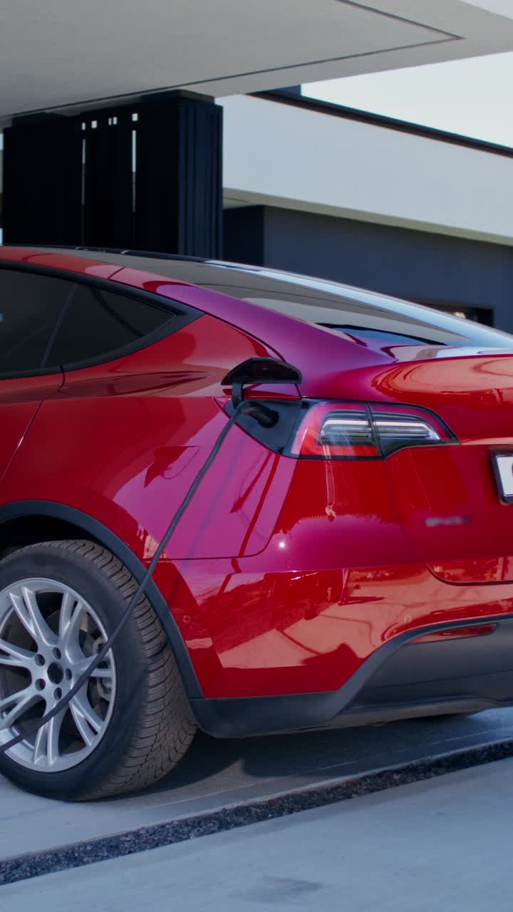 Red Electric Car Charging at Home