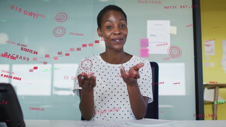 Woman host speaking to camera and starting animated finance chart on screen explaining GWEI prices