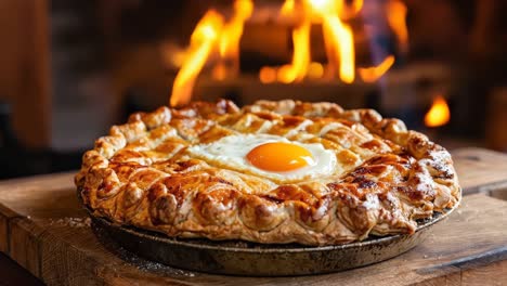 a quiche with an egg on top of it sitting on a wooden table