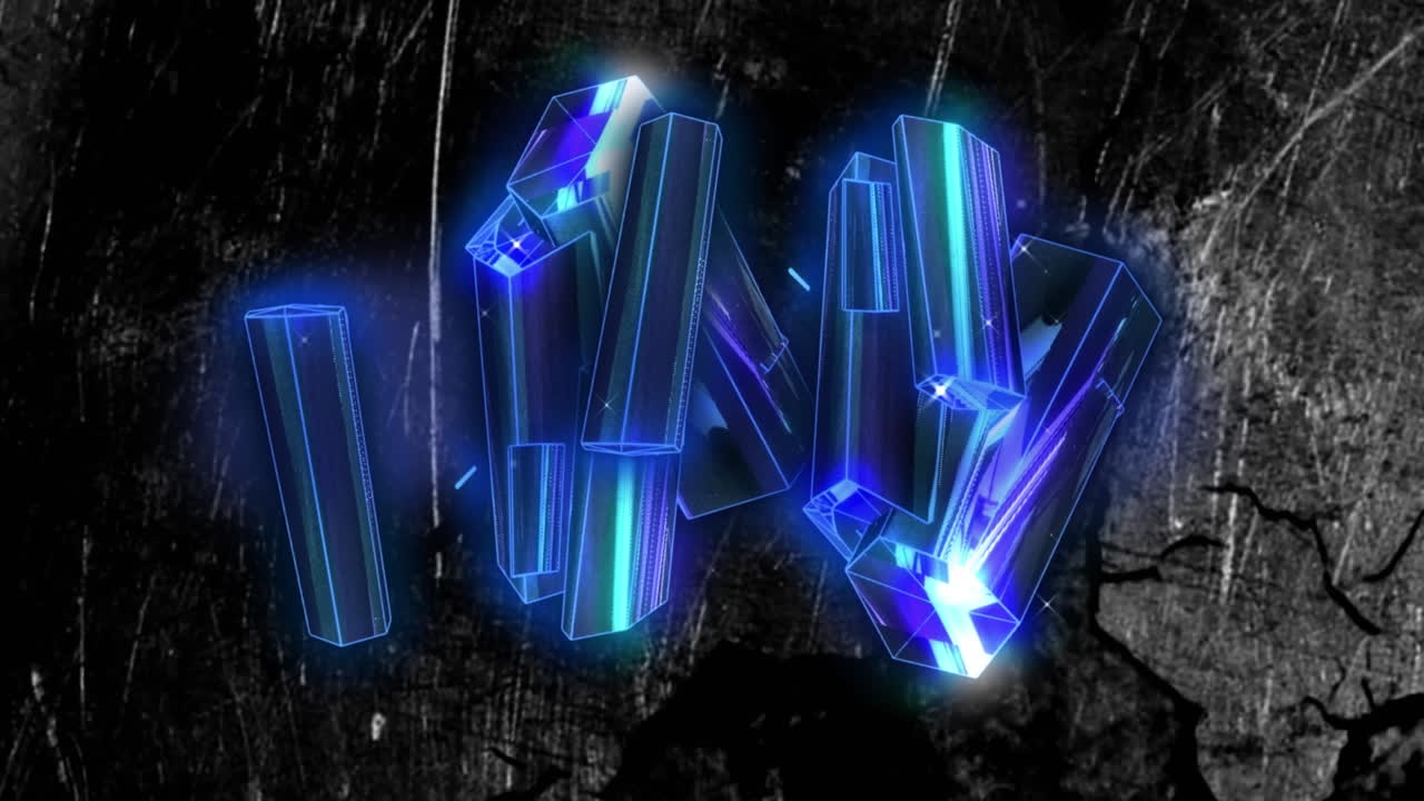 나무 곡물과 나무 실루을 변화시키는 파란색 금속 모양의 클러스터의 애니메이션