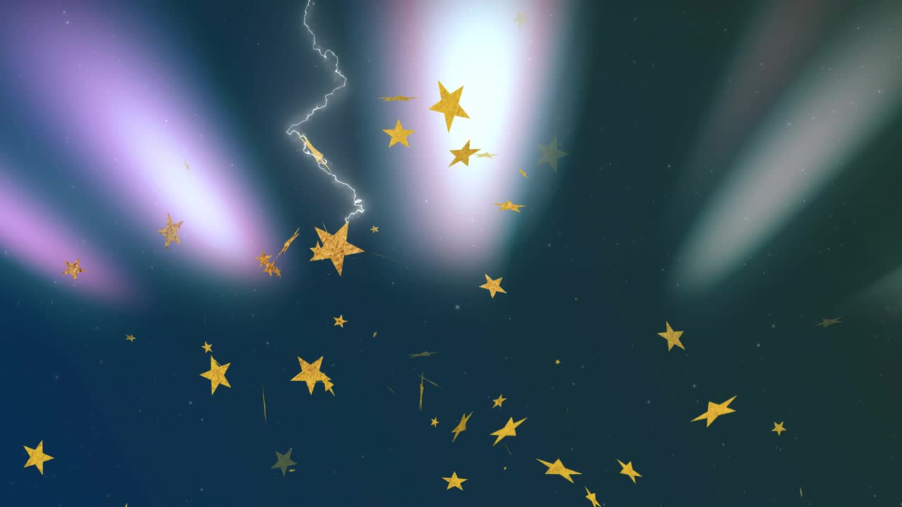 Stars materializing center scattering outward, aurora lightning pulsing, visualizing cosmic display