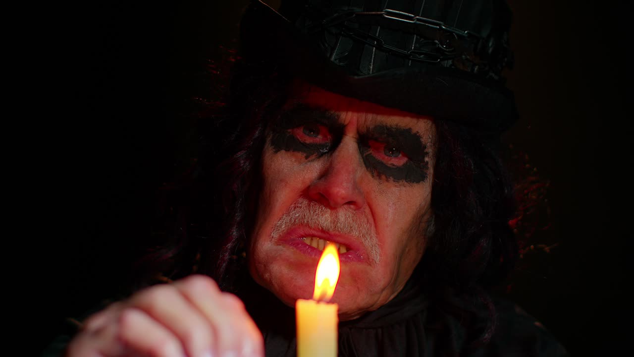 Frightening creepy senior man with Halloween witcher makeup looking at candle, conjure, hex, wiz