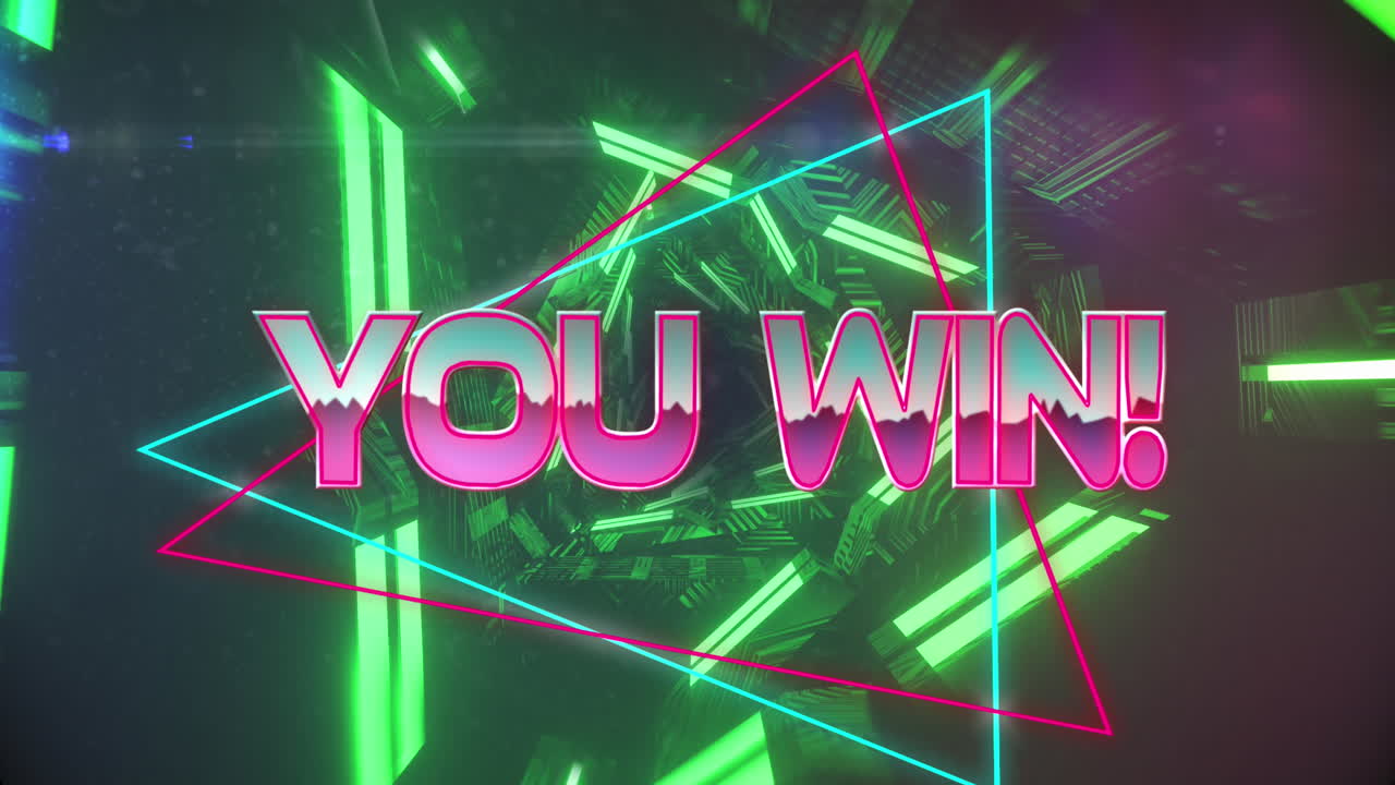 네온 녹색 삼각형에 대한 네온 배너에 있는 높은 점수 텍스트의 애니메이션