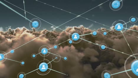 Animation-of-network-of-connections-with-people-icons-over-sky-with-clouds