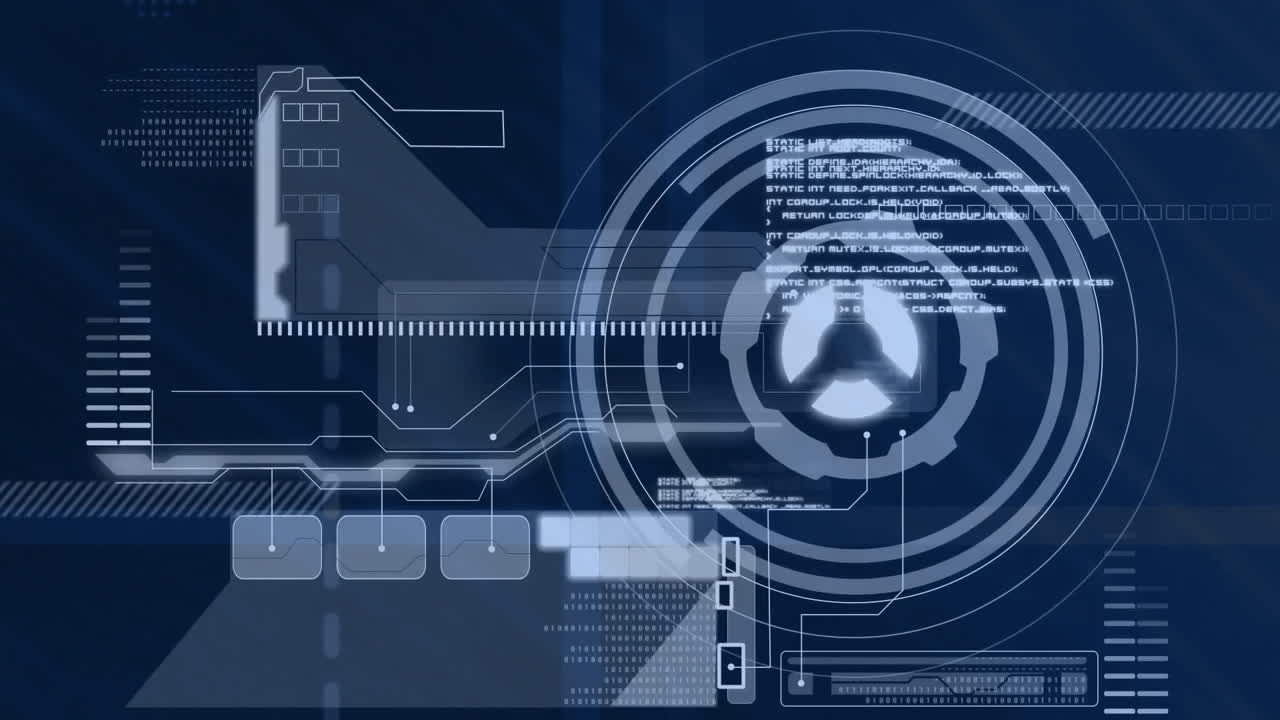 Animation of connections and digital data processing with scope over blue background