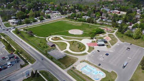 Aerial-shot-circling-over-sunny-park-in-the-summer-in-Hamilton