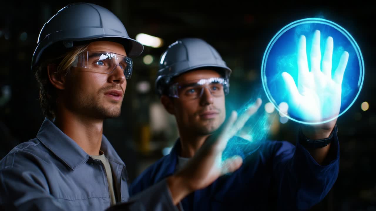Two Industrial Workers Engaged in Advanced Technology Interaction with Holographic Interface in a High-Tech Environment, Demonstrating Innovative Problem-Solving Skills and Team Collaboration