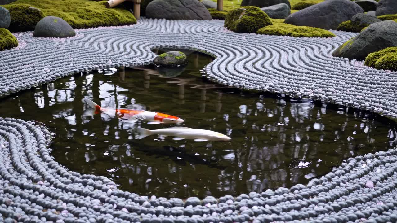 A serene Japanese garden with a zen pond, captured from a low angle