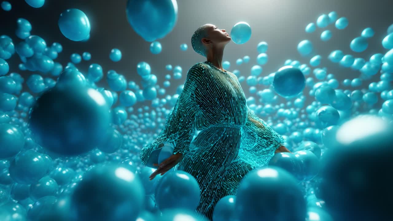 A surreal scene featuring a person gracefully emerging amidst a sea of shimmering blue spheres, encapsulated in a mesmerizing display of light and texture, evoking feelings of tranquility and ethereal beauty