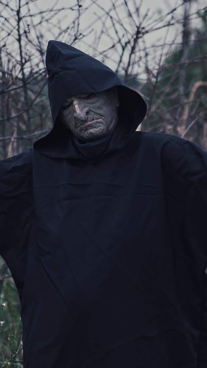 Portrait of terrible ghost outdoors. Scary figure of evil in black costume standing in nature with outstretched arms. Concept of horror. Vertical video
