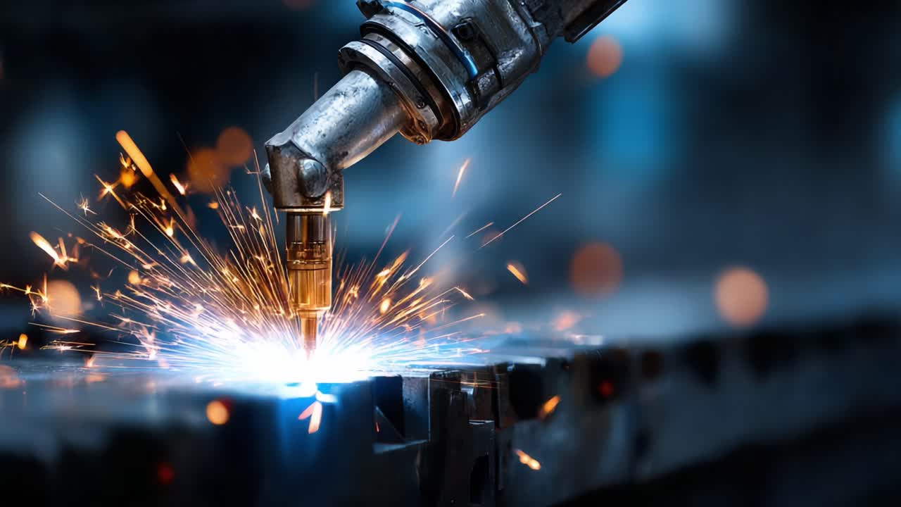 Automated Welding Process: A Close-Up Look at the Precision of Robotic Arms in Action, Producing Sparks and Melted Metal for Strong Joins in Fabrication