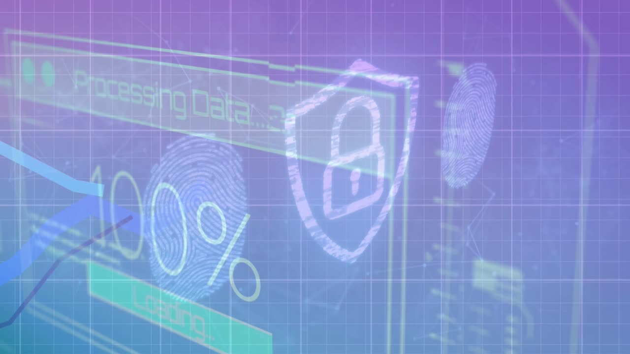 escáner biométrico de huellas dactilares y icono de candado de seguridad contra el procesamiento de datos sobre fondo azul