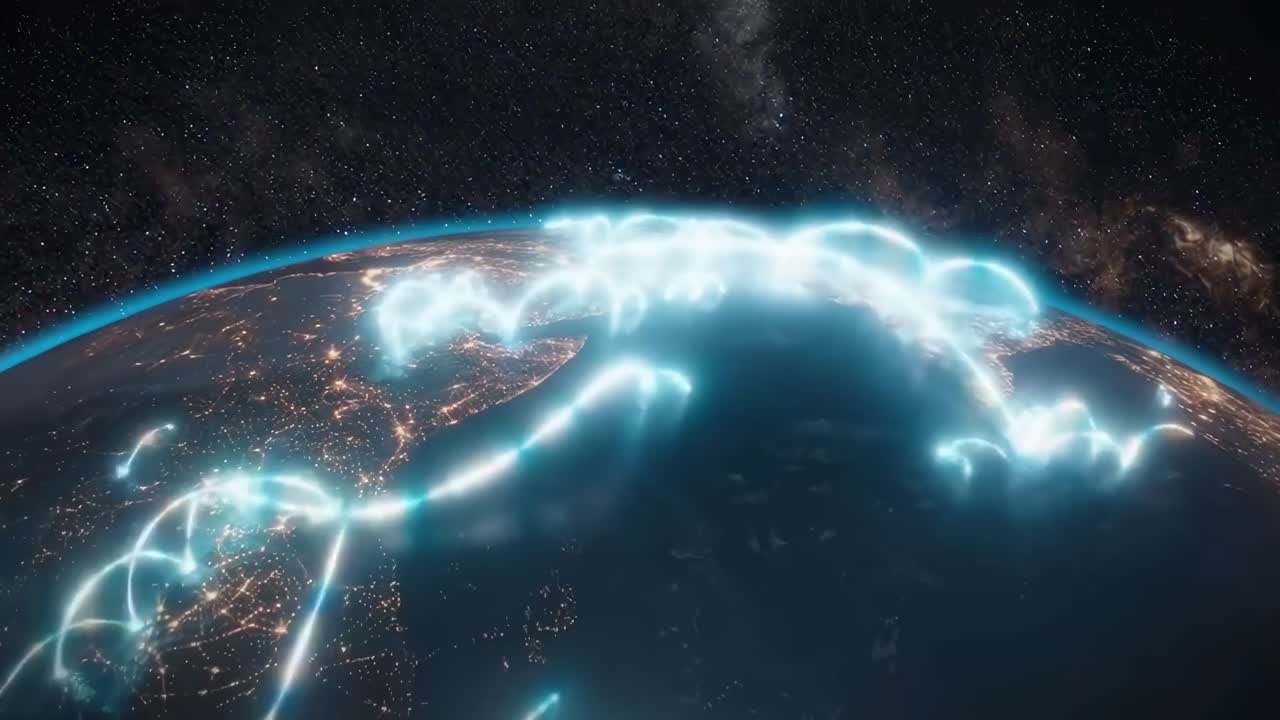 Ripresa video aerea della Terra di notte, che mostra le luci delle città e un cielo stellato dallo spazio.