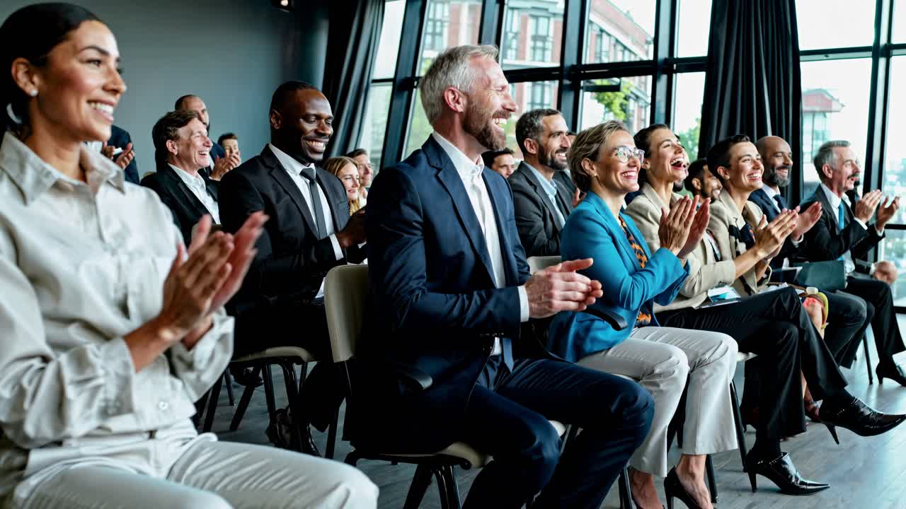 A diverse group clapping in a conference room, captured from a side angle