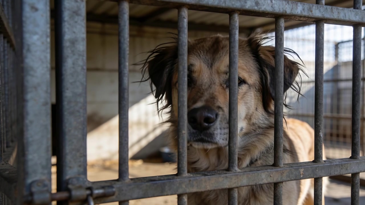 Perro de color canela y negro de pie lamiéndose el hocico, moviendo la cabeza en un refugio detrás de barrotes de metal, con un cuenco.