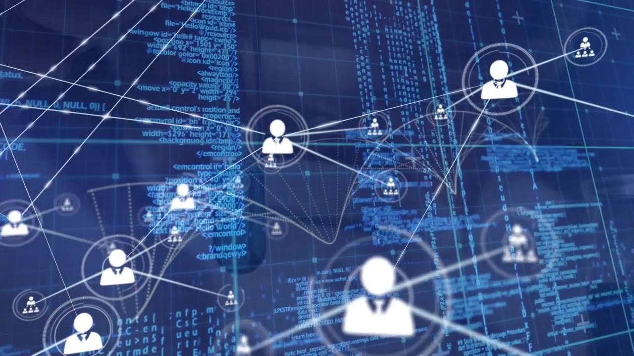 Executives use a tablet with a digital global data network animation.