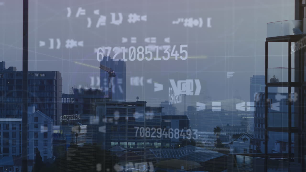하늘을 배경으로 현대 건물 위에 변화하는 숫자와 기호의 애니메이션